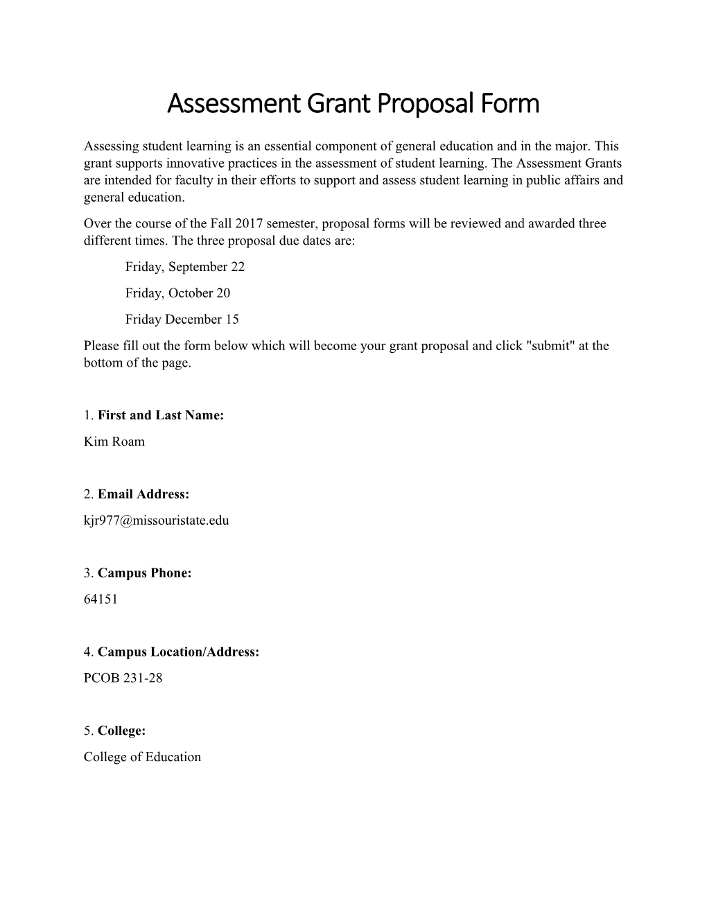 Assessment Grant Proposal Form