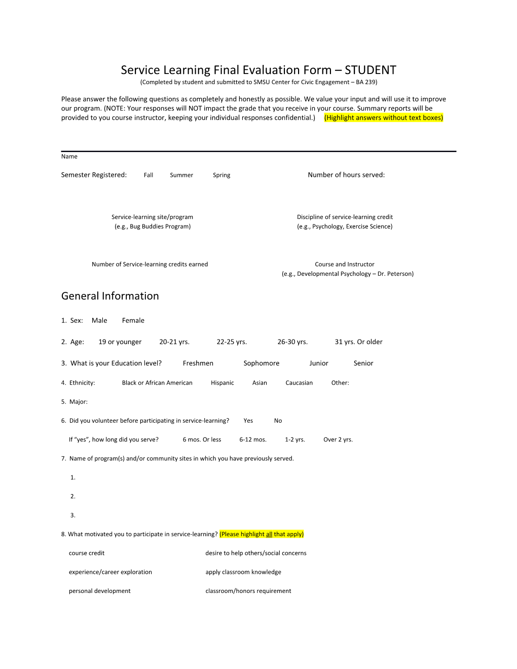 Service Learning Final Evaluation Form STUDENT