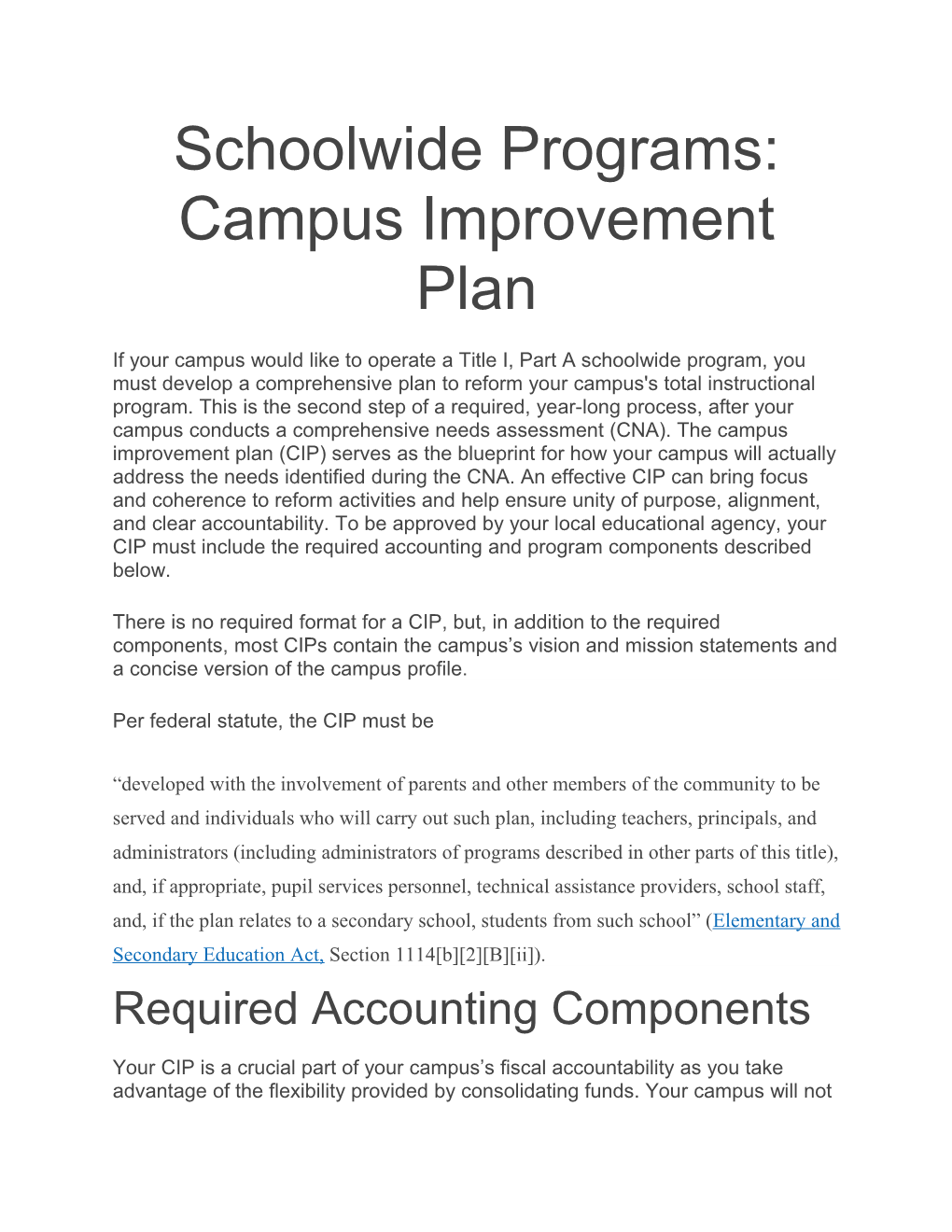 Schoolwide Programs: Campus Improvement Plan
