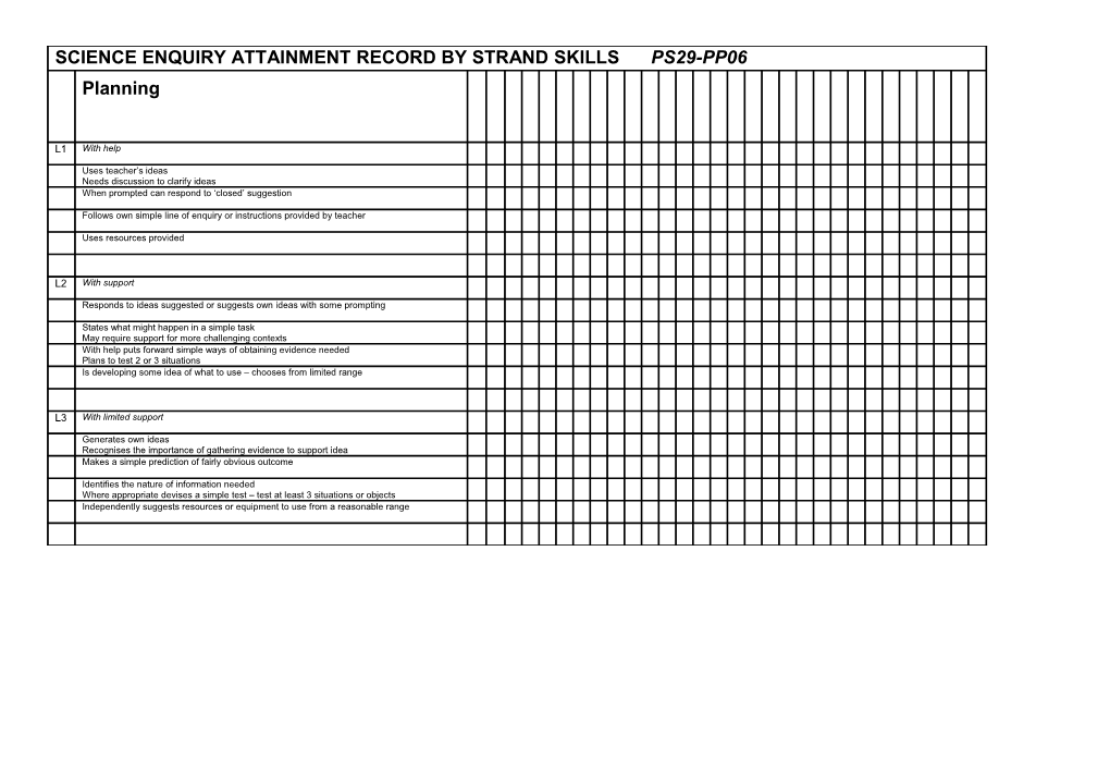 Science Enquiry Attainment Record by Strand Skills Ps29-Pp06