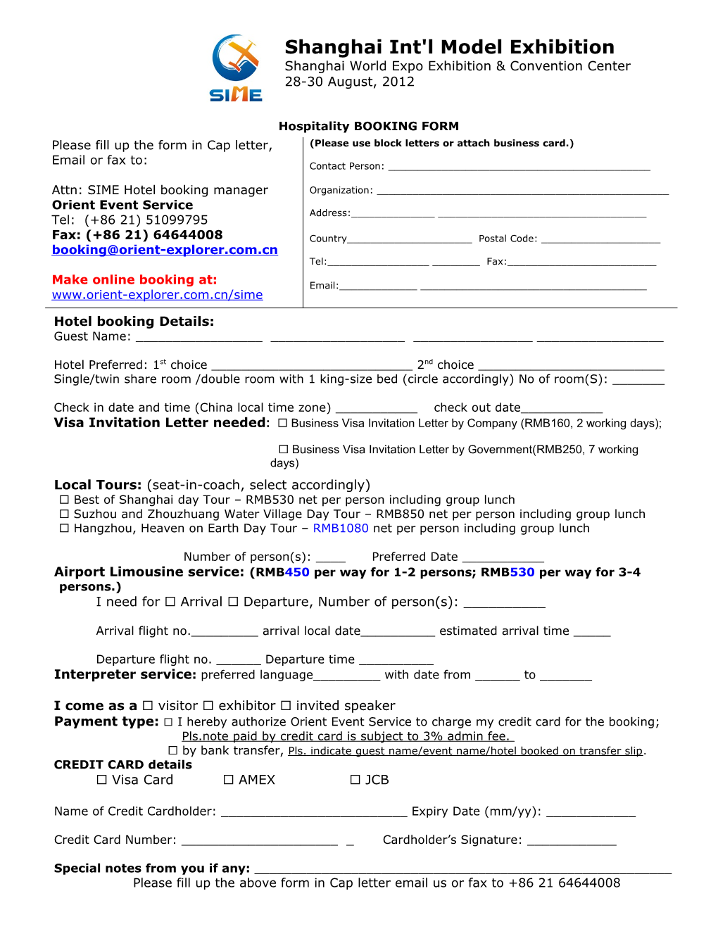 Hospitality BOOKING FORM