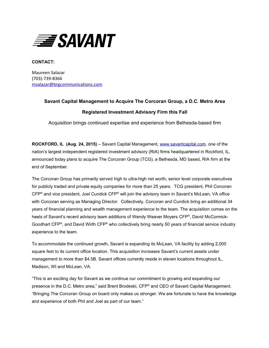 Savant Capital Management to Acquire the Corcoran Group, a D.C. Metro Area