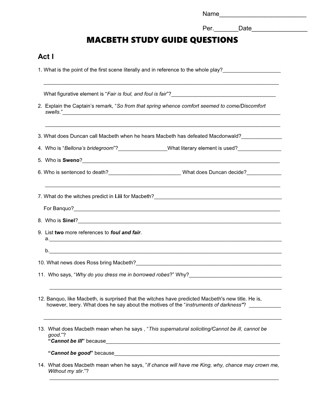 SHORT ANSWER STUDY GUIDE QUESTIONS - Macbeth