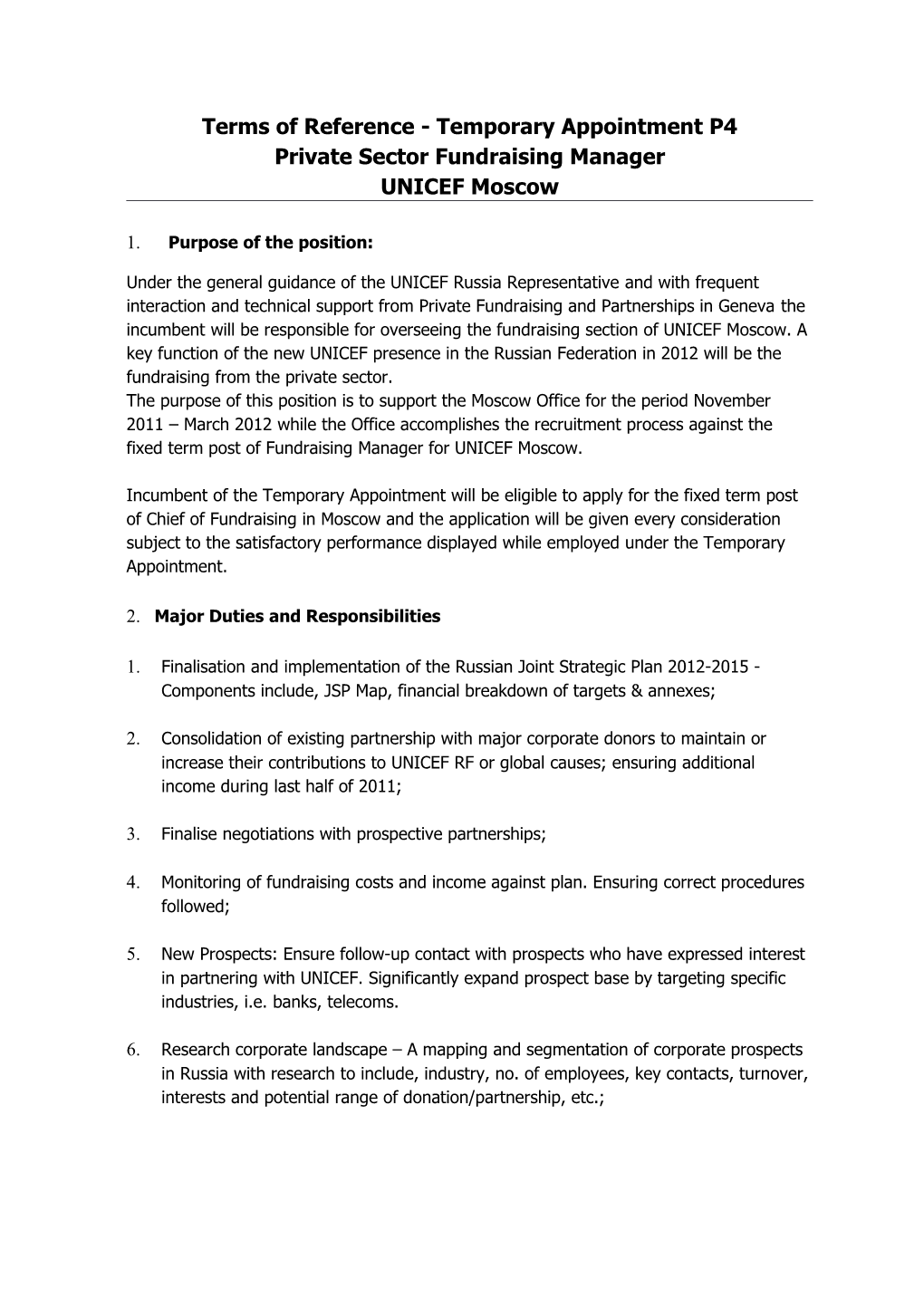 Terms of Reference- Temporary Appointment P4