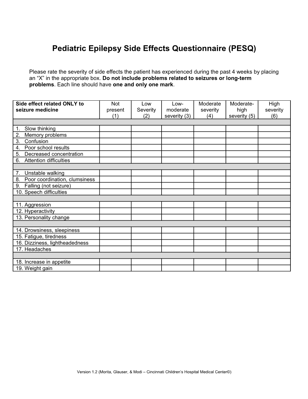 Pediatric Adverse Events Scale