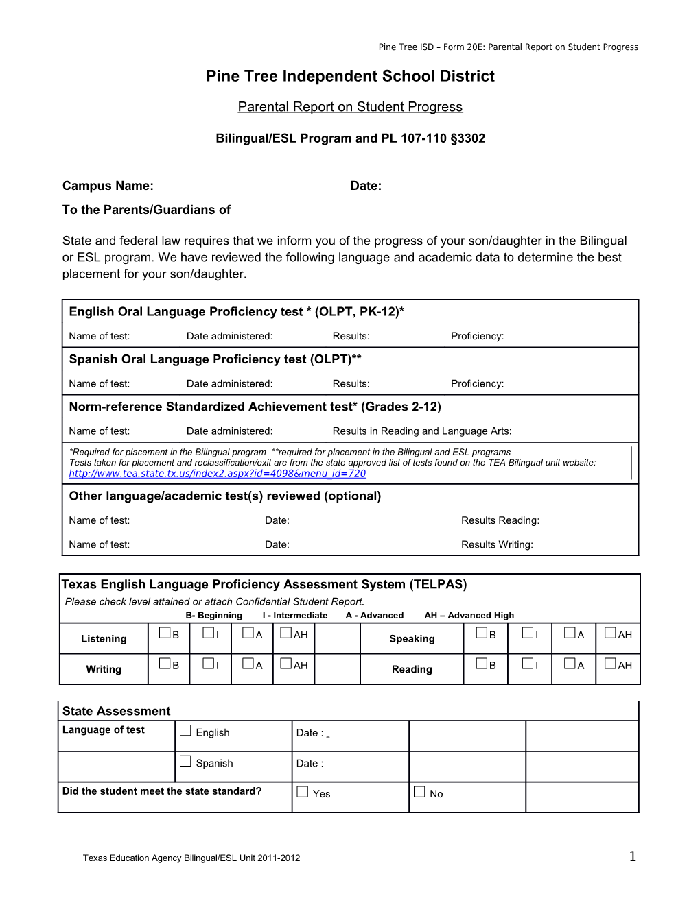 Pine Tree ISD Form 20E: Parental Report on Student Progress