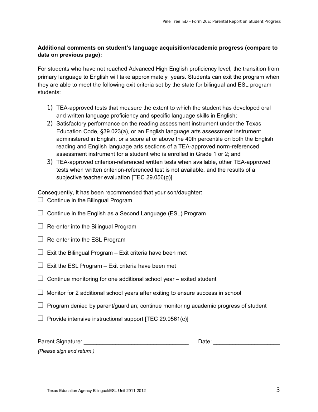 Pine Tree ISD Form 20E: Parental Report on Student Progress
