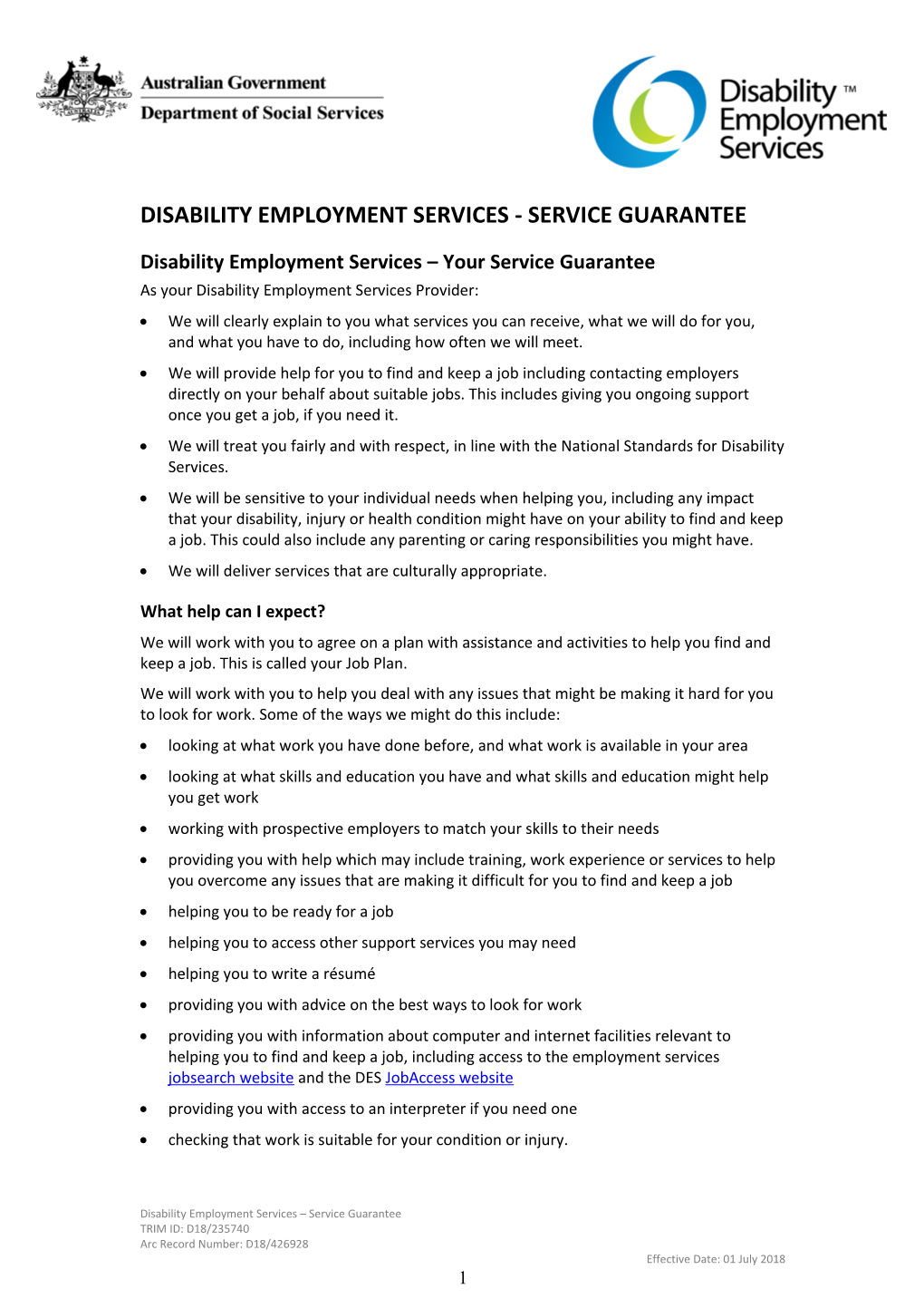 Disability Employment Services- Service Guarantee