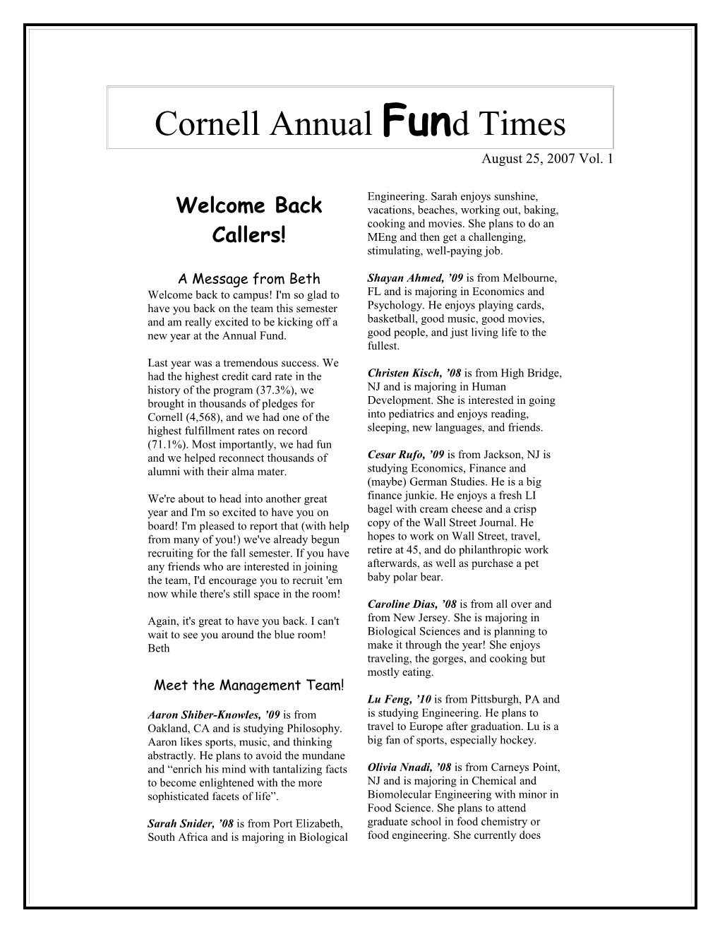 Cornell Annual Fund Times