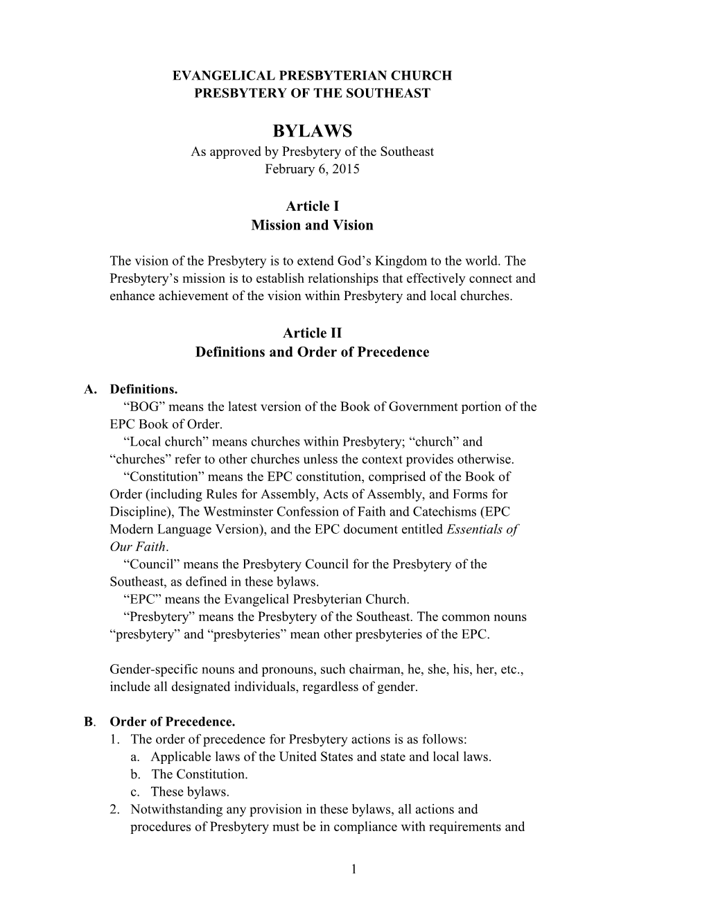 Presbytery By-Laws