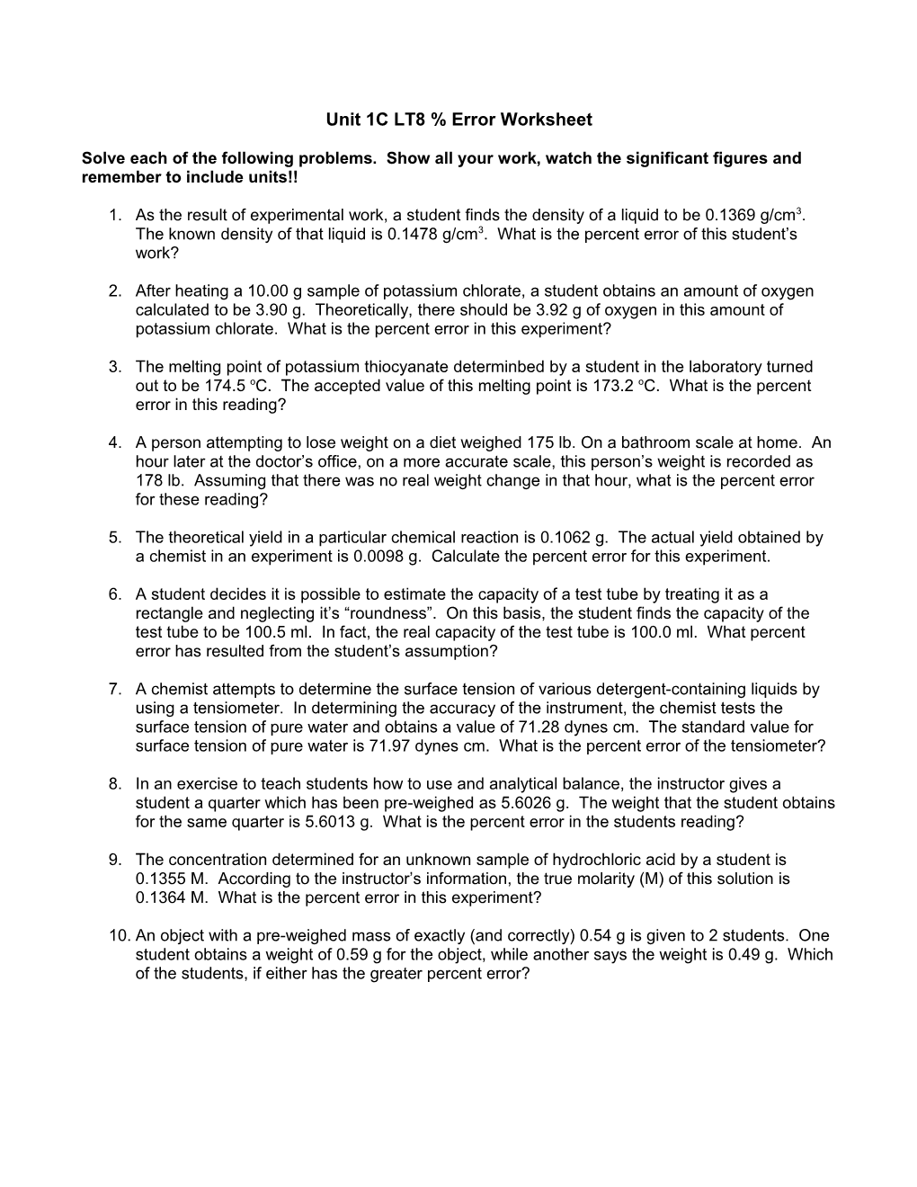 Unit 1C LT8 % Error Worksheet