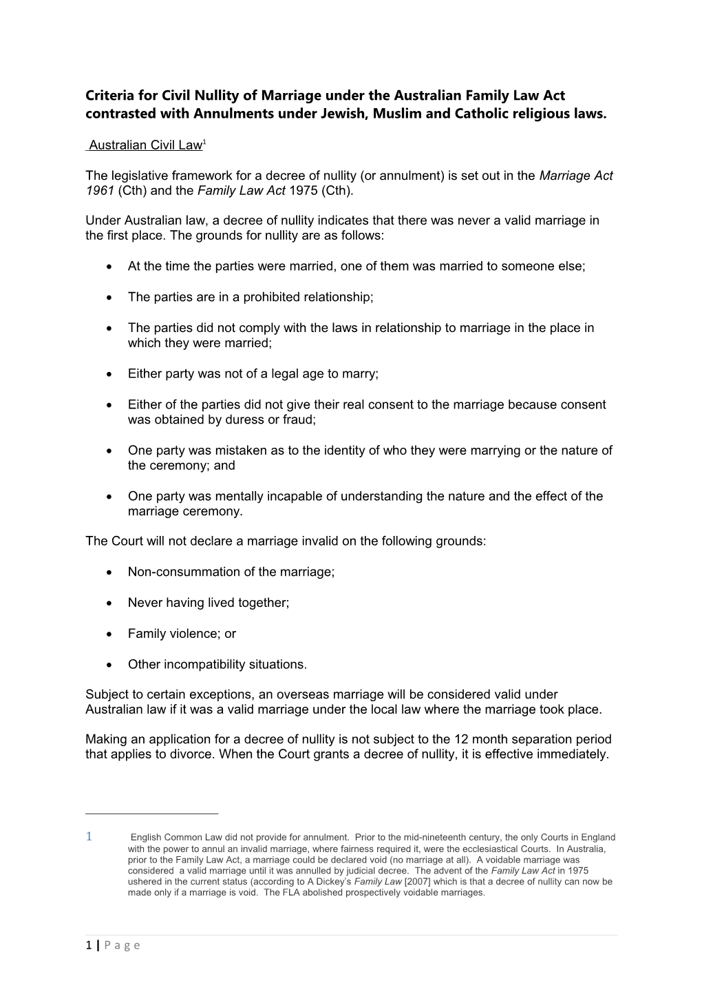 Criteria for Civil Nullity of Marriage Under the Australian Family Law Act Contrasted