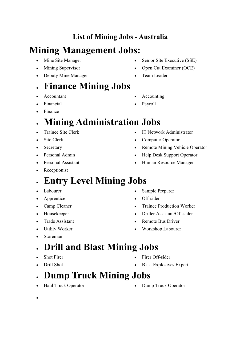 List of Mining Jobs - Australia