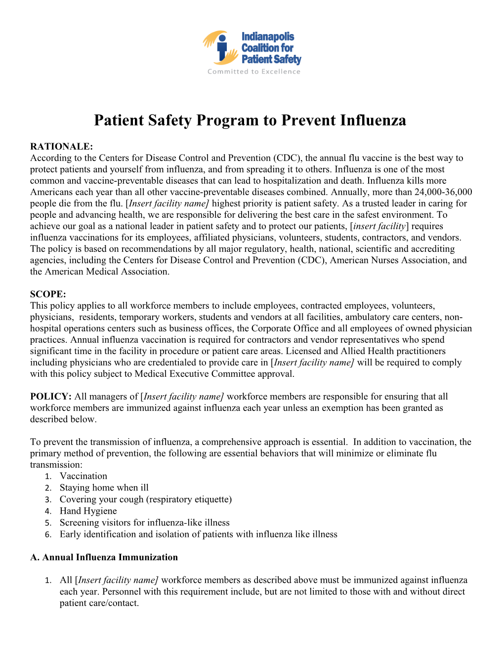 Indianapolis Patient Safety Coalition Flu Policy
