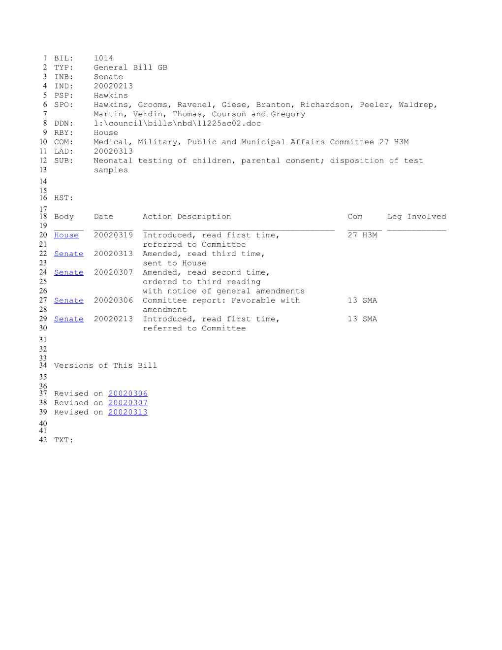 2001-2002 Bill 1014: Neonatal Testing of Children, Parental Consent; Disposition of Test