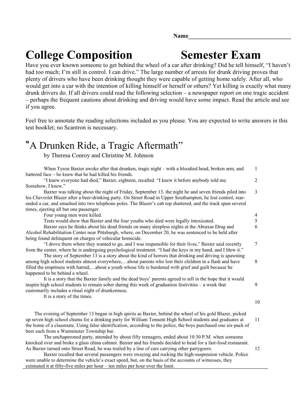 College Composition Semester Exam