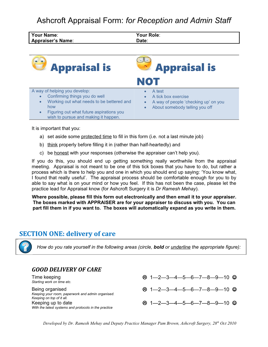 Ashcroft Appraisal Form:For Reception and Admin Staff
