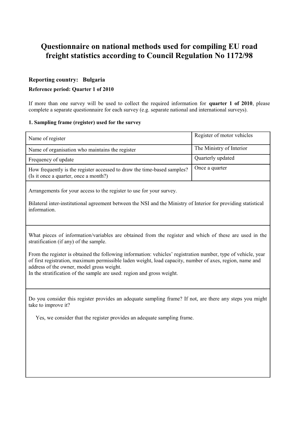 Questionnaire on National Methods Used for Compiling EU Road Freight Statistics According