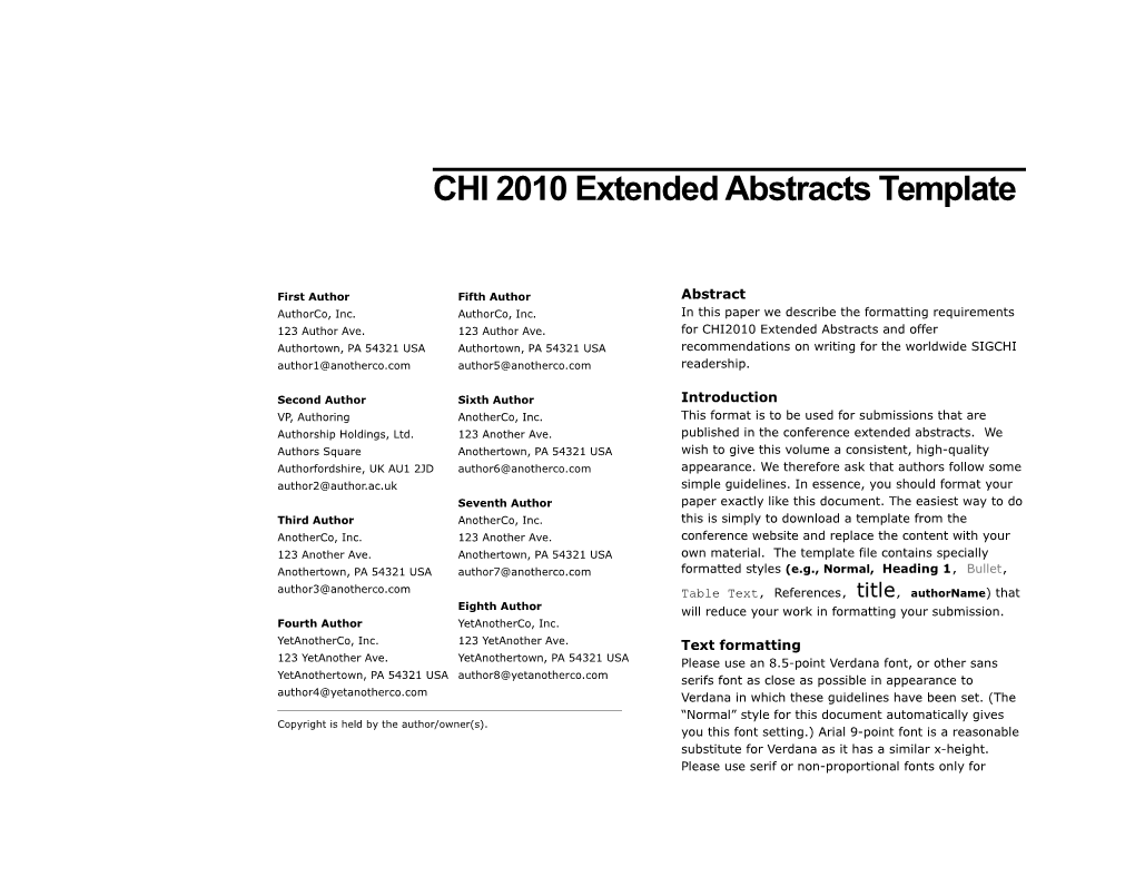 CHI 2010 Extended Abstracts Template