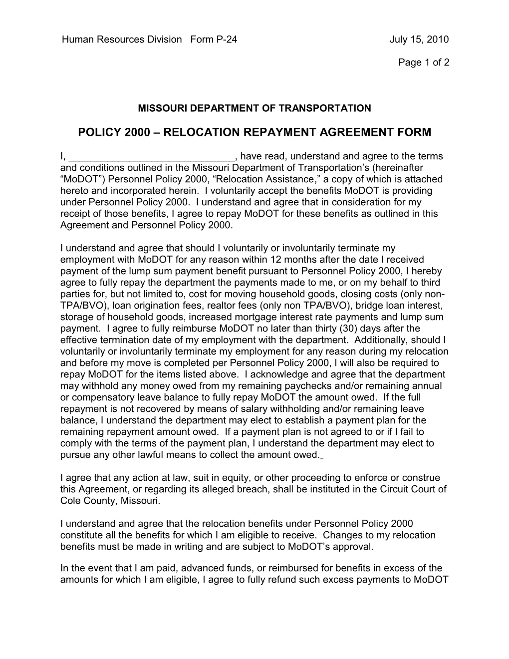 Policy 2000 Relocation Repayment Agreement Form