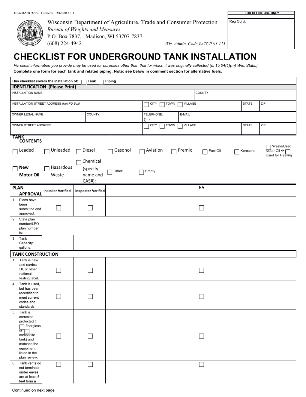 Checklist for Underground Tank Installation