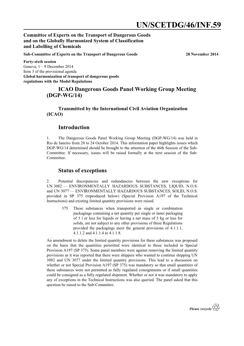 ICAO Dangerous Goods Panel Working Group Meeting (DGP-WG/14)