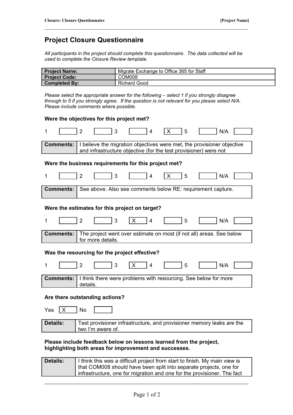 Project Closure Questionnaire