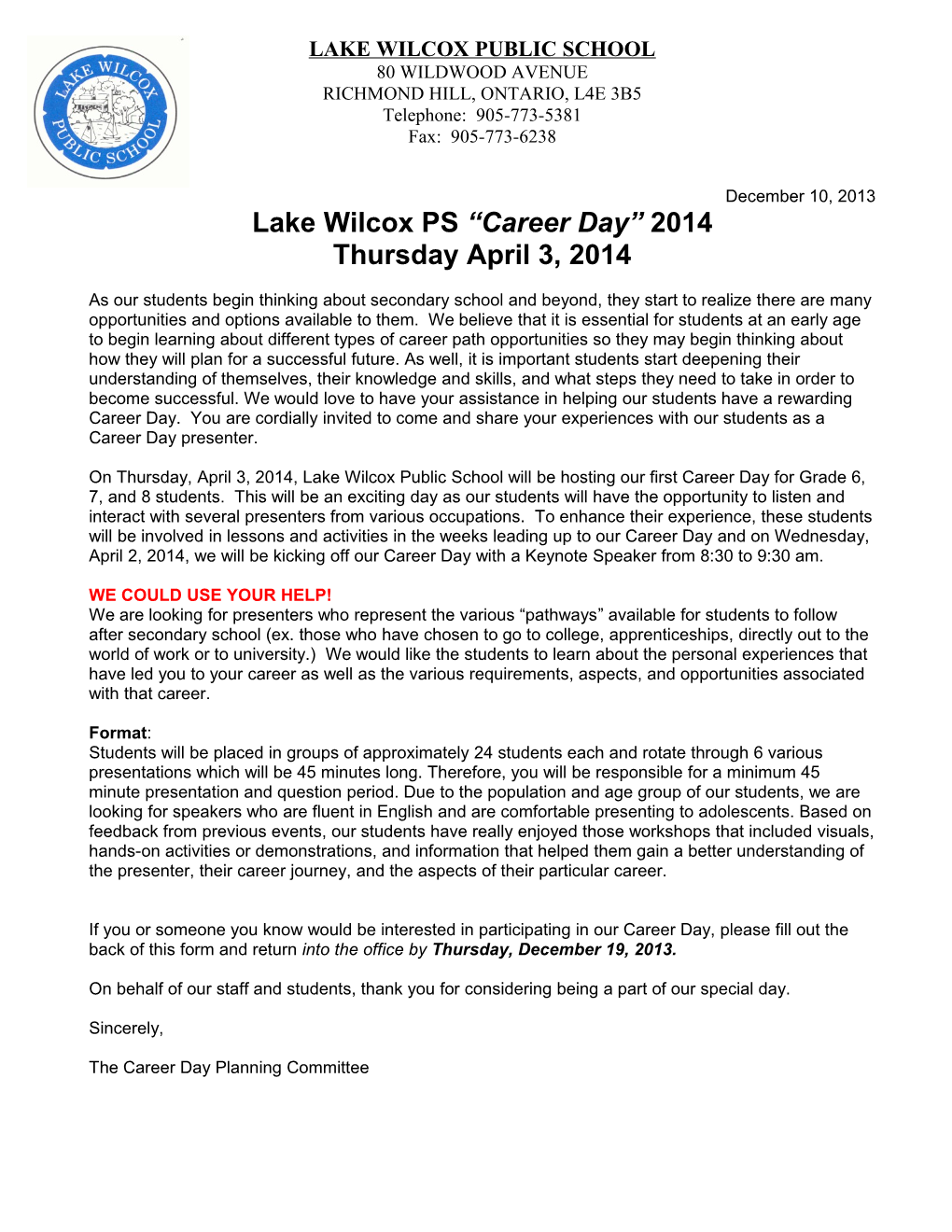 Lake Wilcox PS Career Day 2014