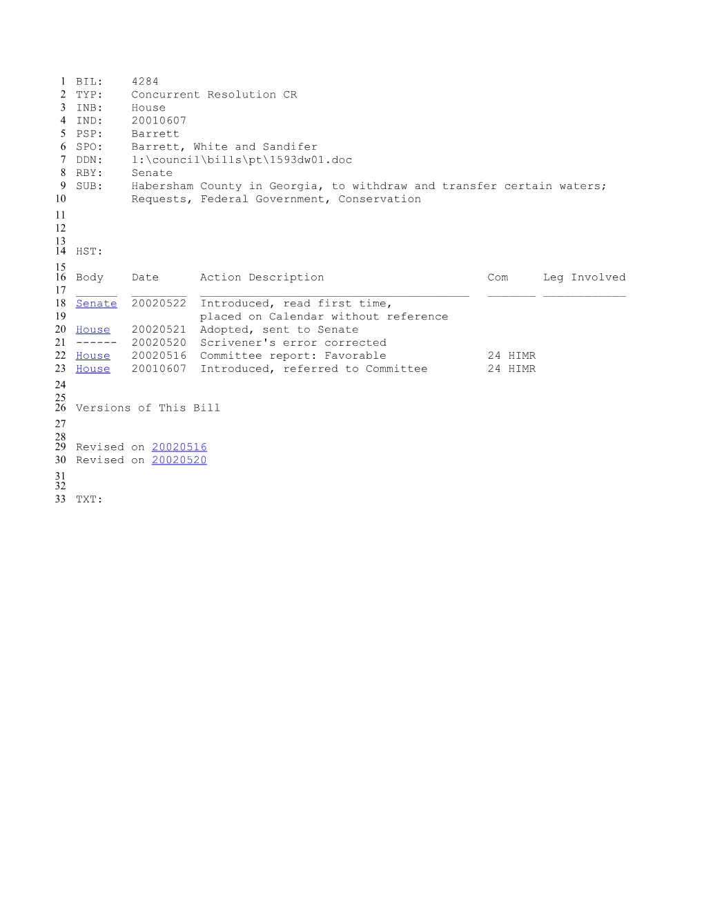 2001-2002 Bill 4284: Habersham County in Georgia, to Withdraw and Transfer Certain Waters;