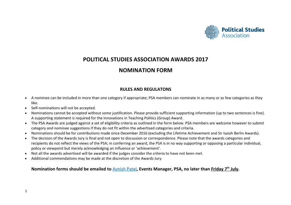 Political Studies Association Awards 2017