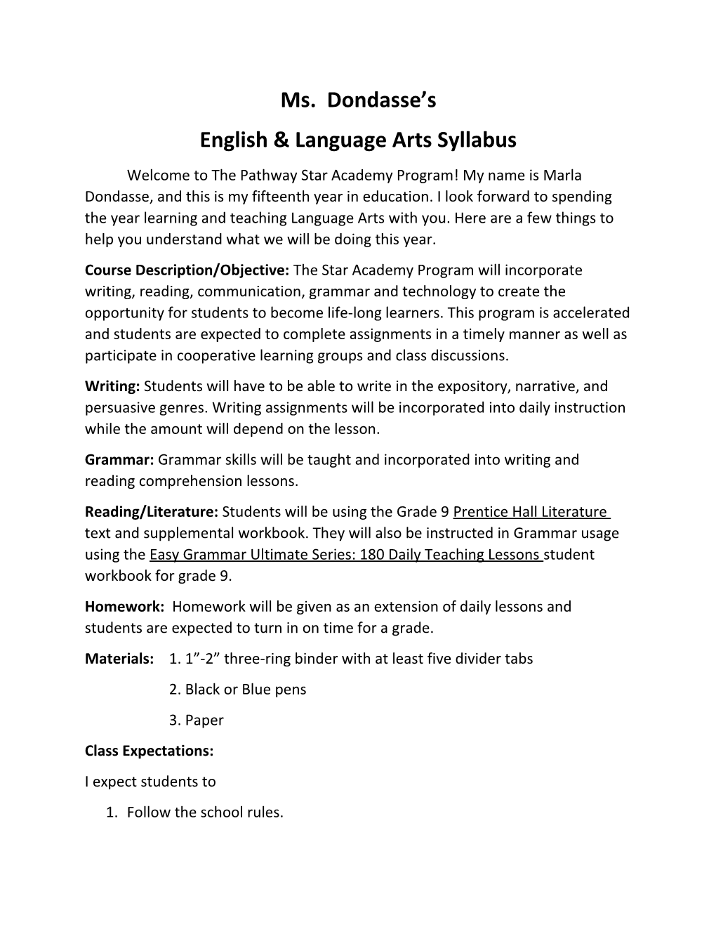 English & Language Arts Syllabus