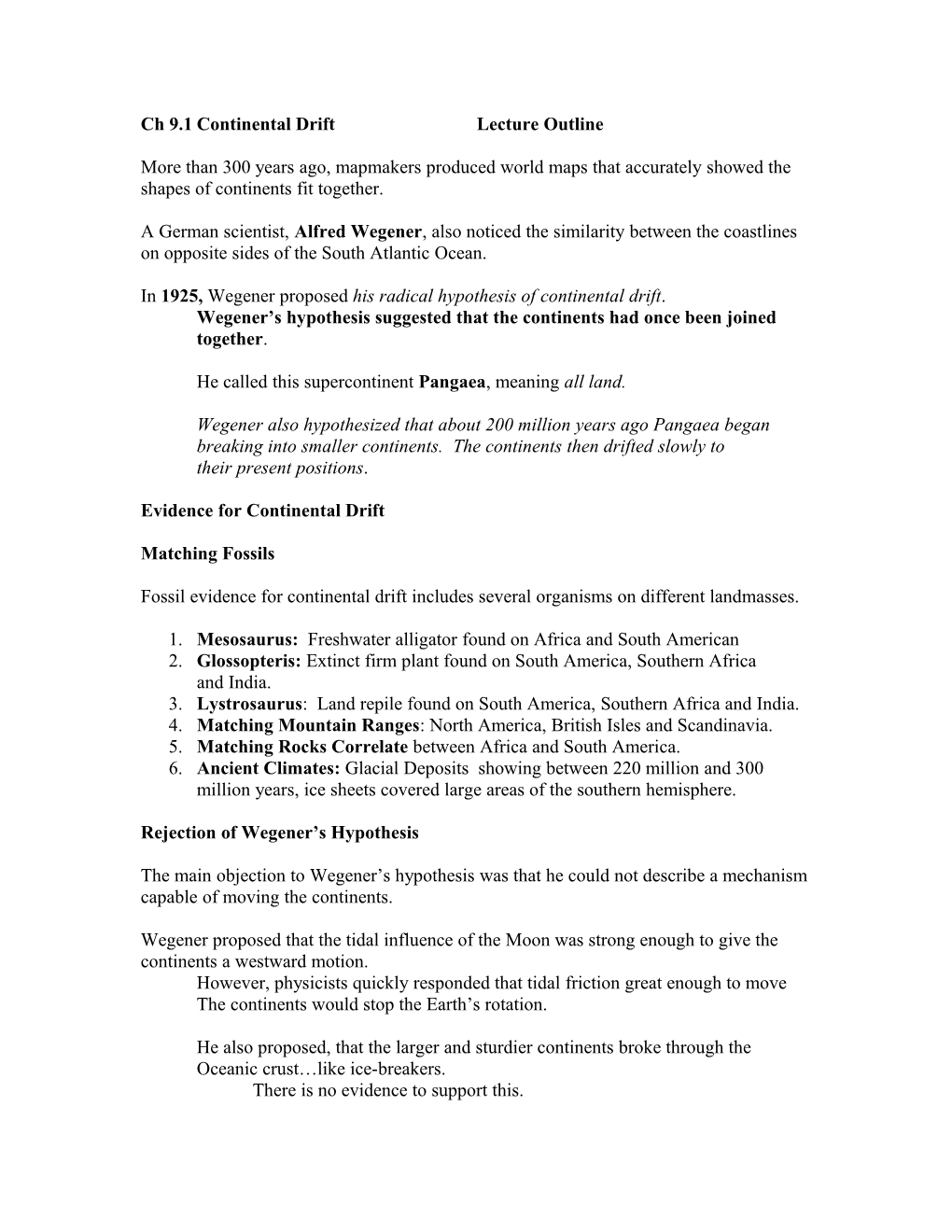 Ch 9.1Continental Driftlecture Outline