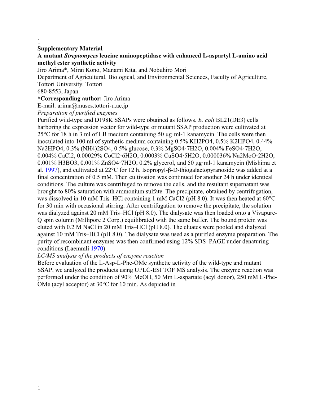 A Mutant Streptomycesleucineaminopeptidase with Enhanced L-Aspartyl L-Amino Acid Methylester