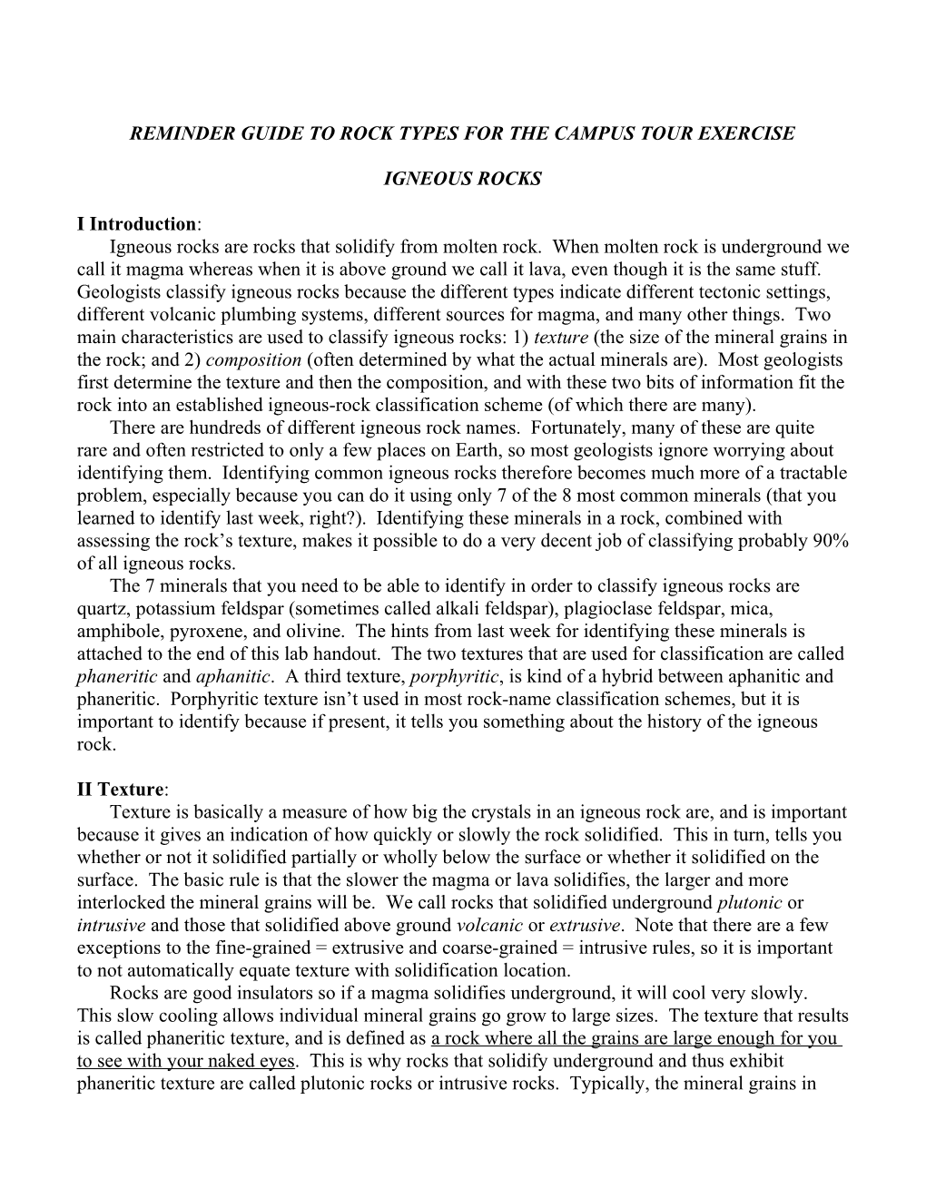 Igneous Rocks Reading, a Supplement to the Lab Manual