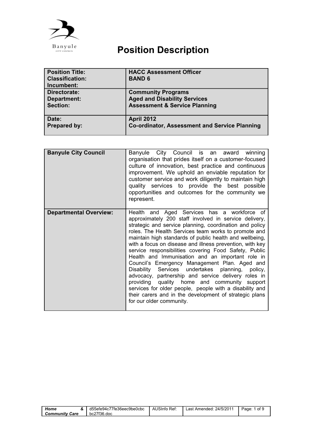 Co-Ordinator, Assessment and Serviceplanning