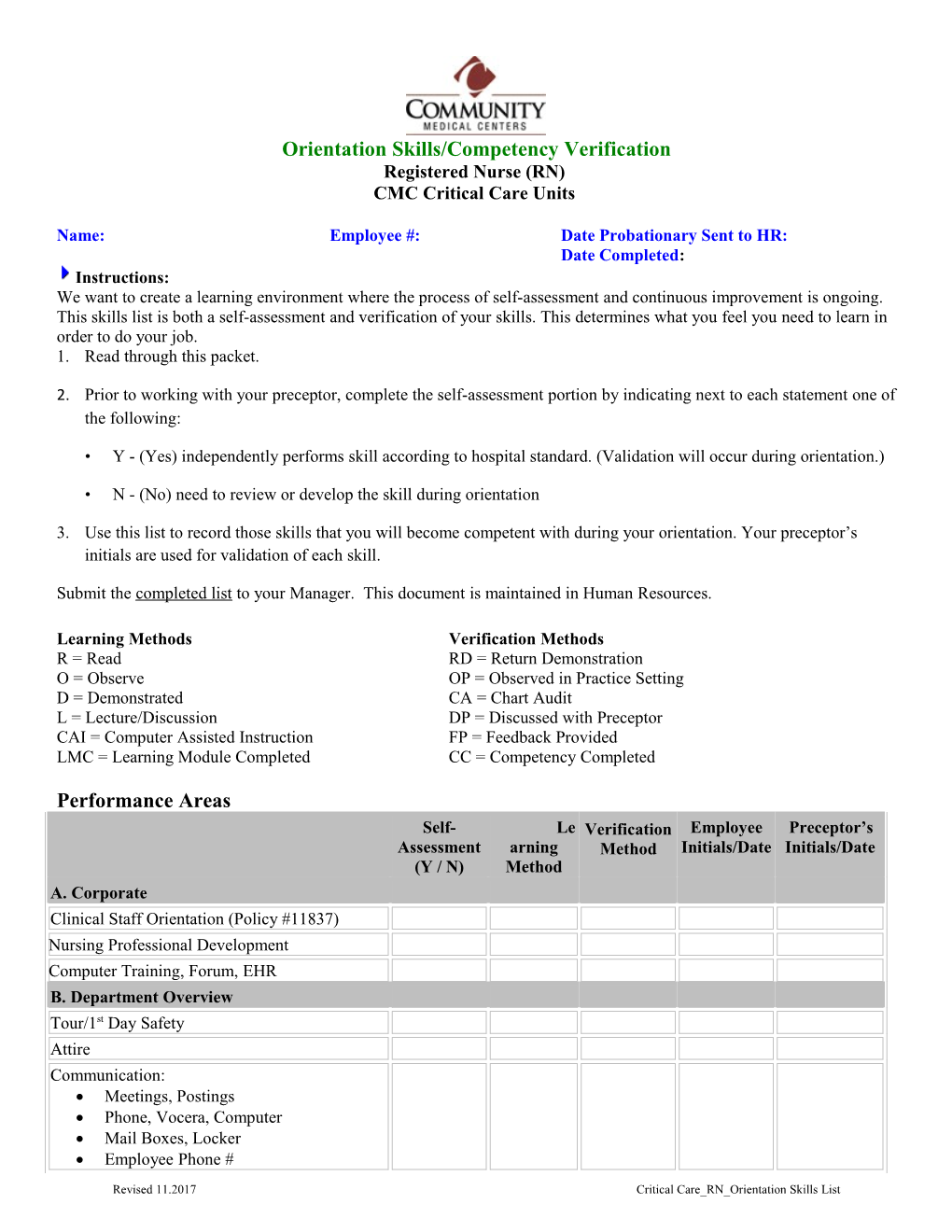 Orientation Skills/Competency Verification Registered Nurse (RN) CMC Critical Care Units