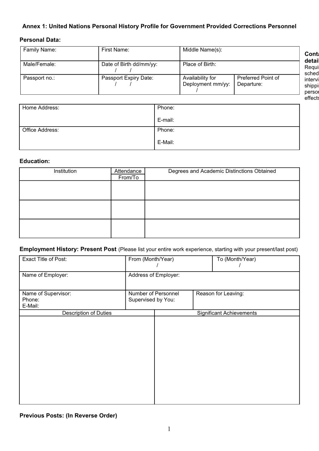 Annex 1: United Nations Personal History Profile for Government Provided Corrections Personnel
