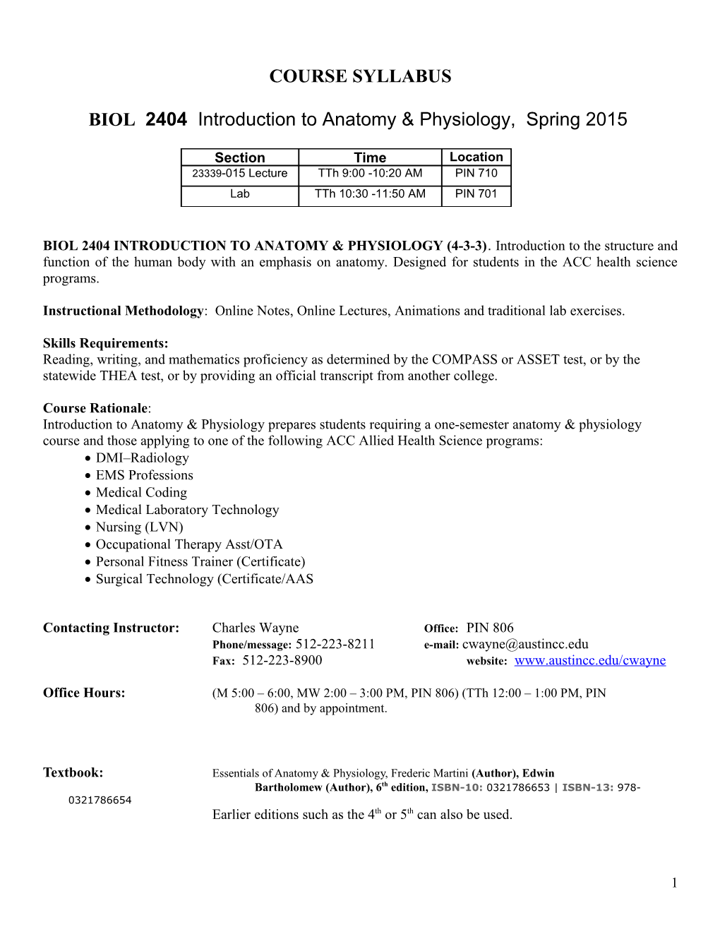 BIOL 2404 Introduction to Anatomy & Physiology, Spring 2015