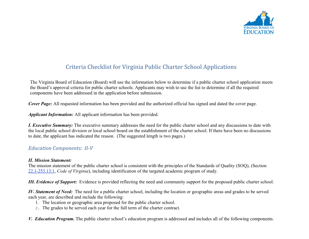 Criteria Checklist for Virginia Public Charter School Applications