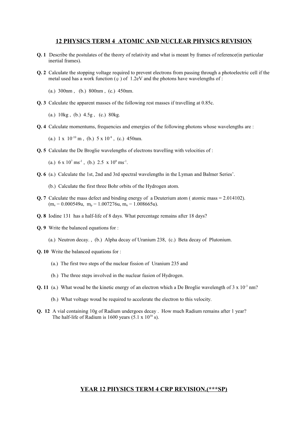 12 Physics Term 4 Atomic and Nuclear Physics Revision