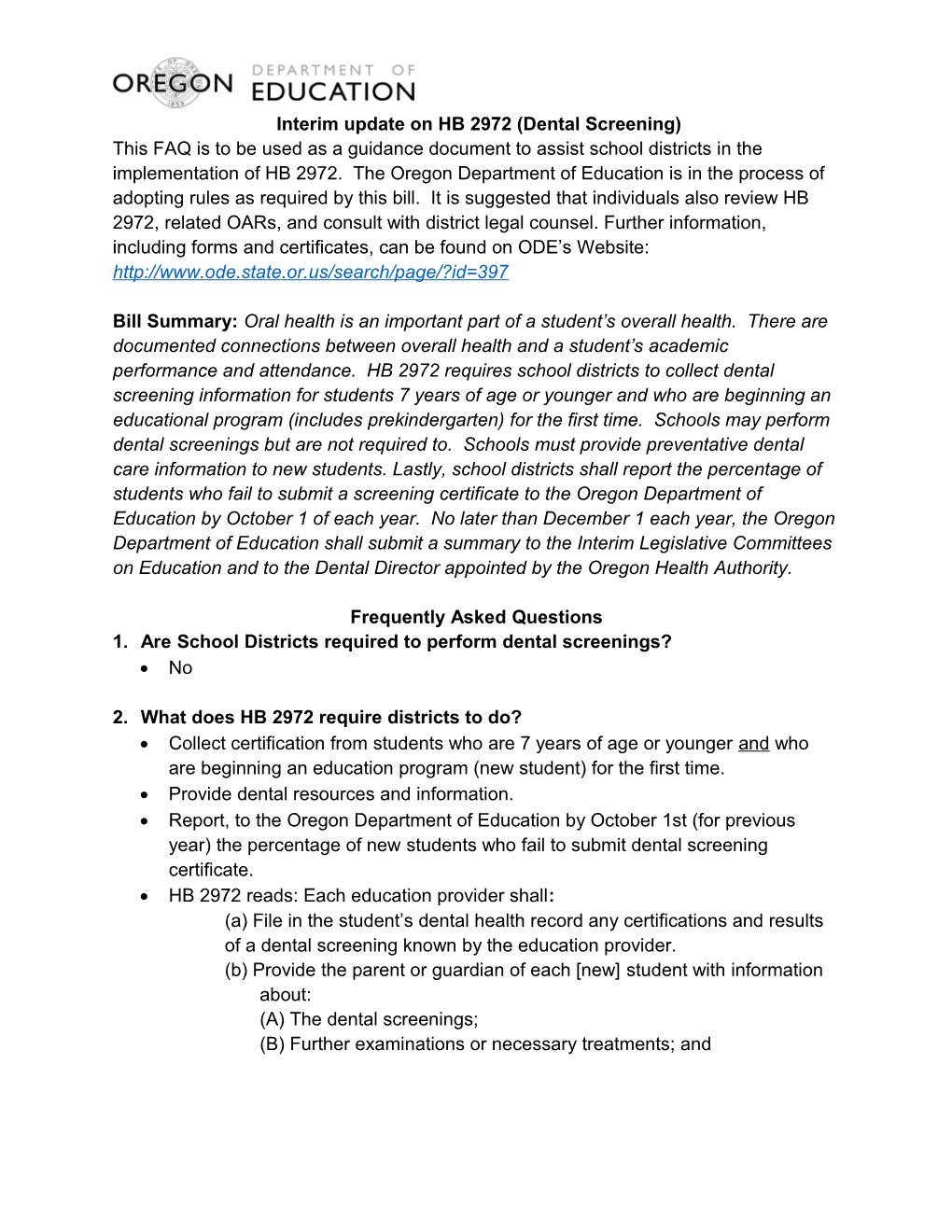 Interim Update on HB 2972 (Dental Screening)