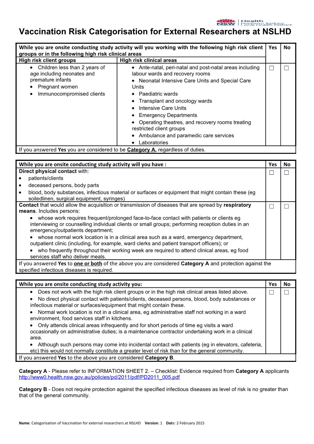 Categorisation of Vaccination Risk Form