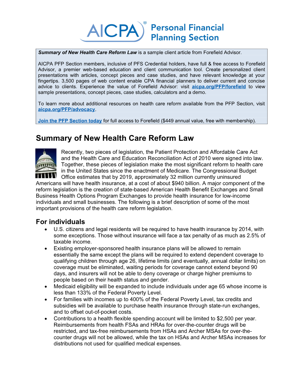 Client Summary of Health Care Reform