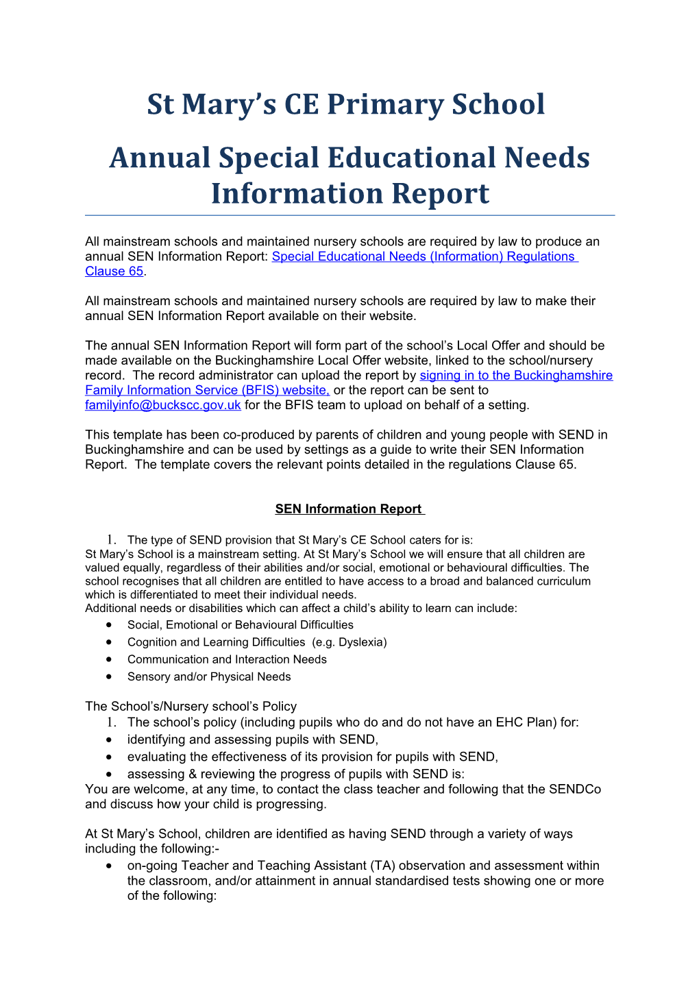 Annual Special Educational Needs Information Report
