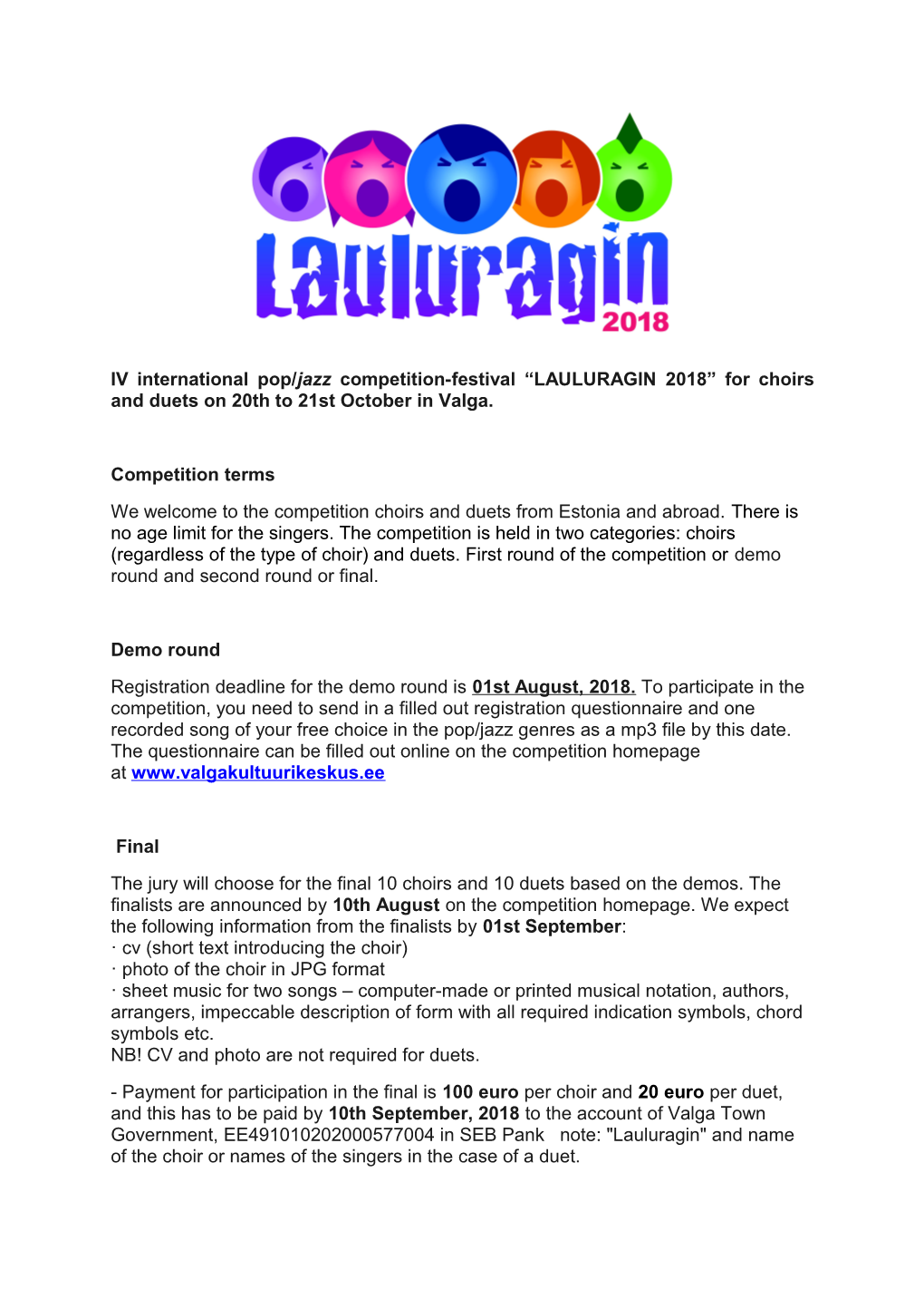 IV International Pop/Jazz Competition-Festival LAULURAGIN 2018 for Choirs and Duets On
