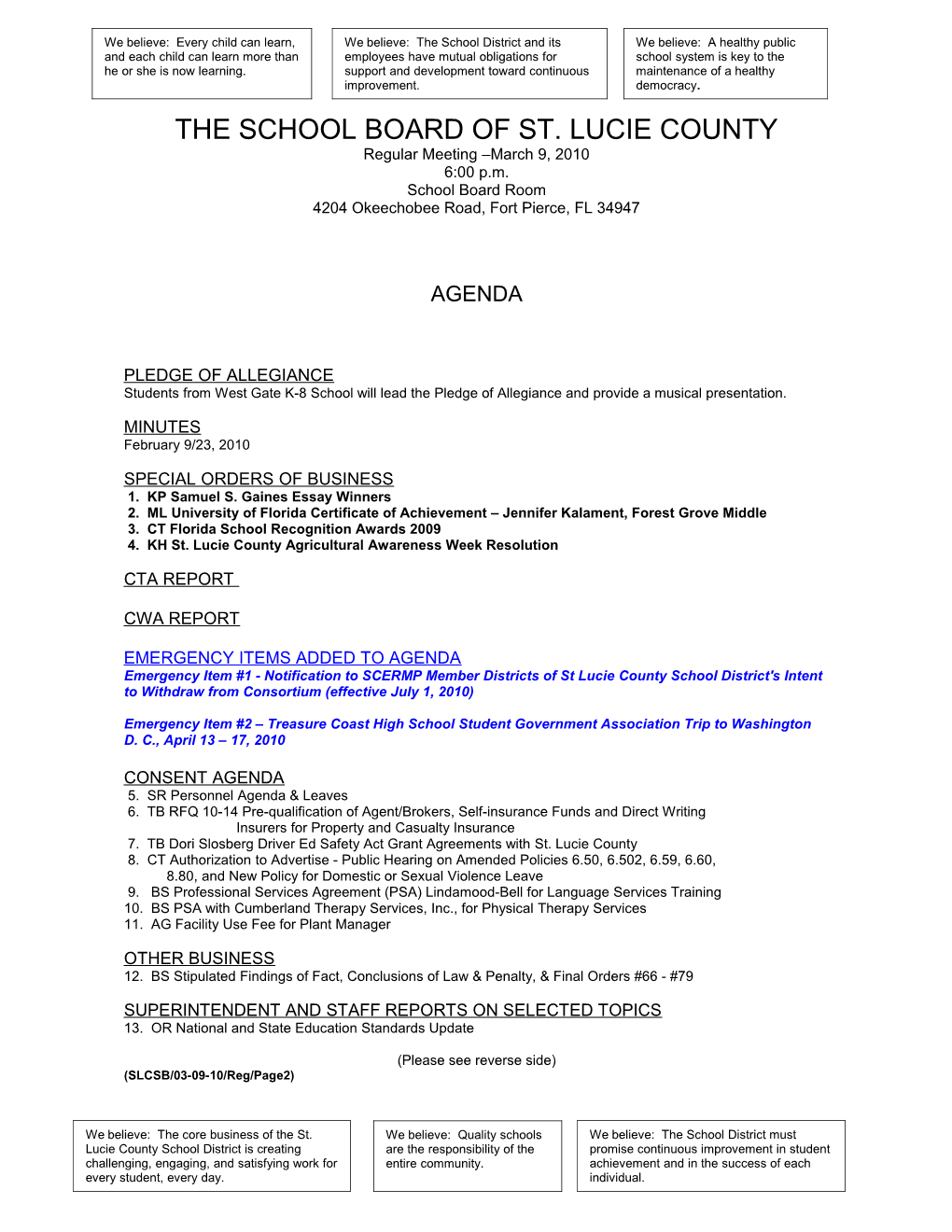 03-09-10 SLCSB Regular Meeting Agenda