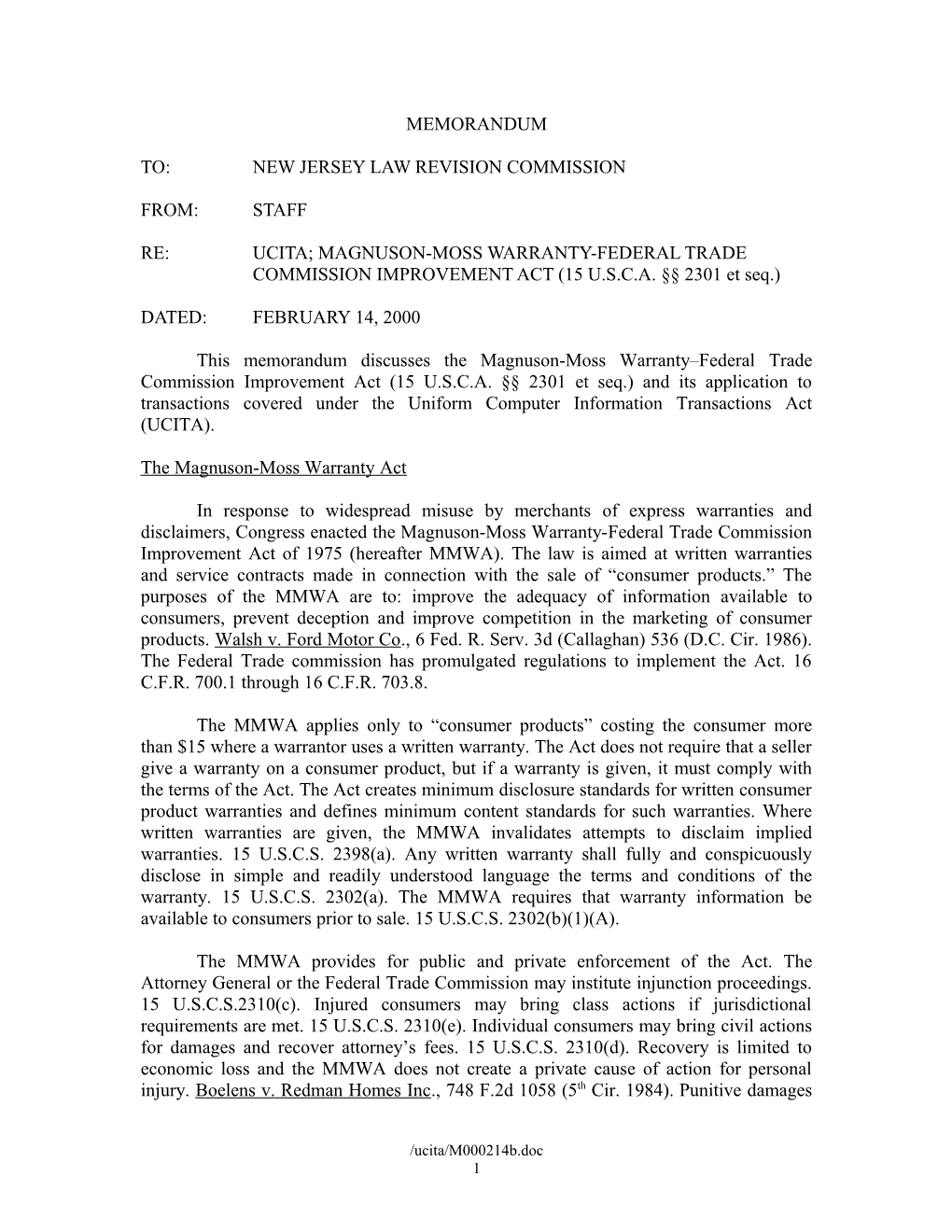 This Memorandum Discusses the Application of the Magnuson-Moss Warranty Federal Trade Commission