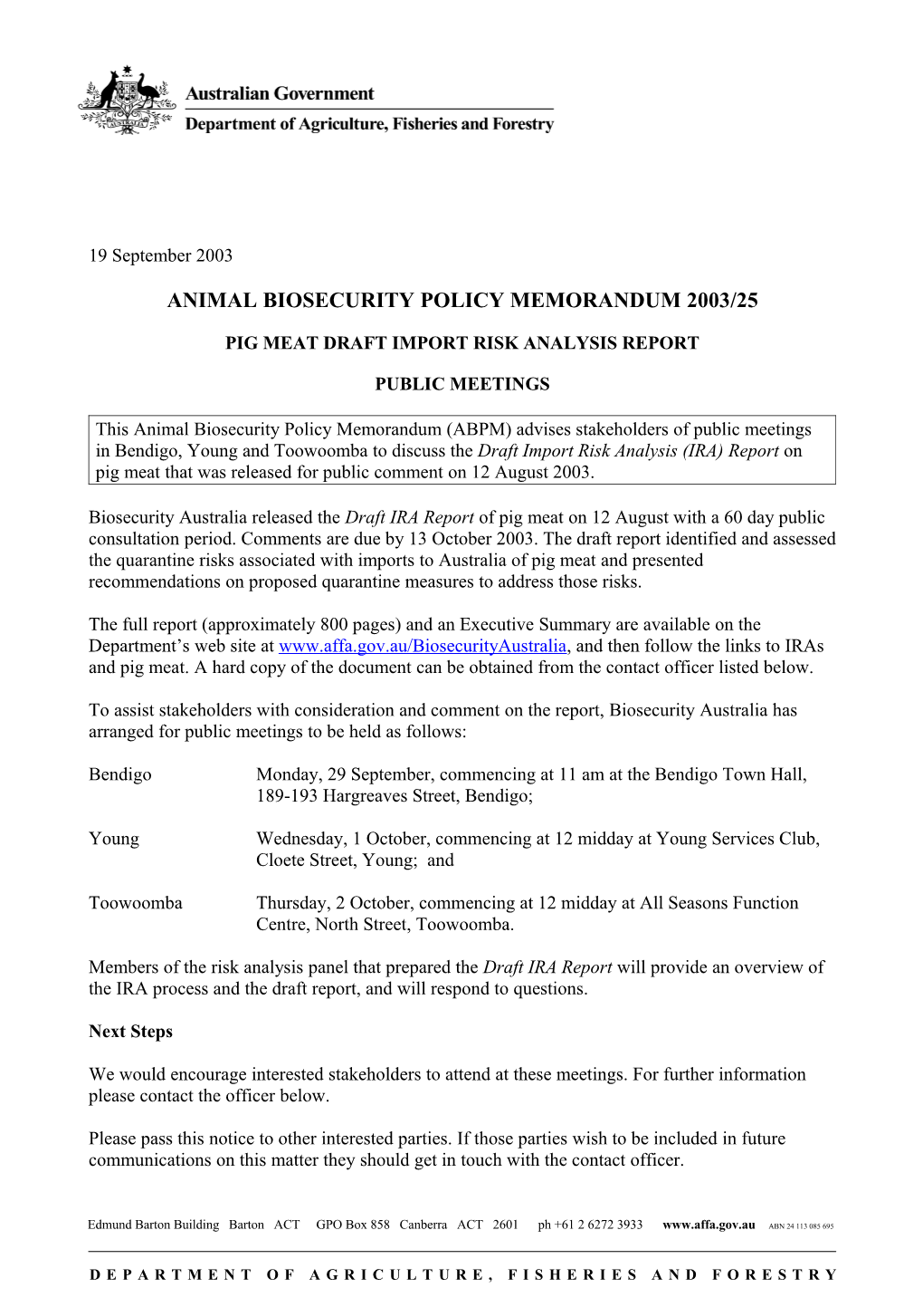 Animal Biosecurity Policy Memorandum 2003/25