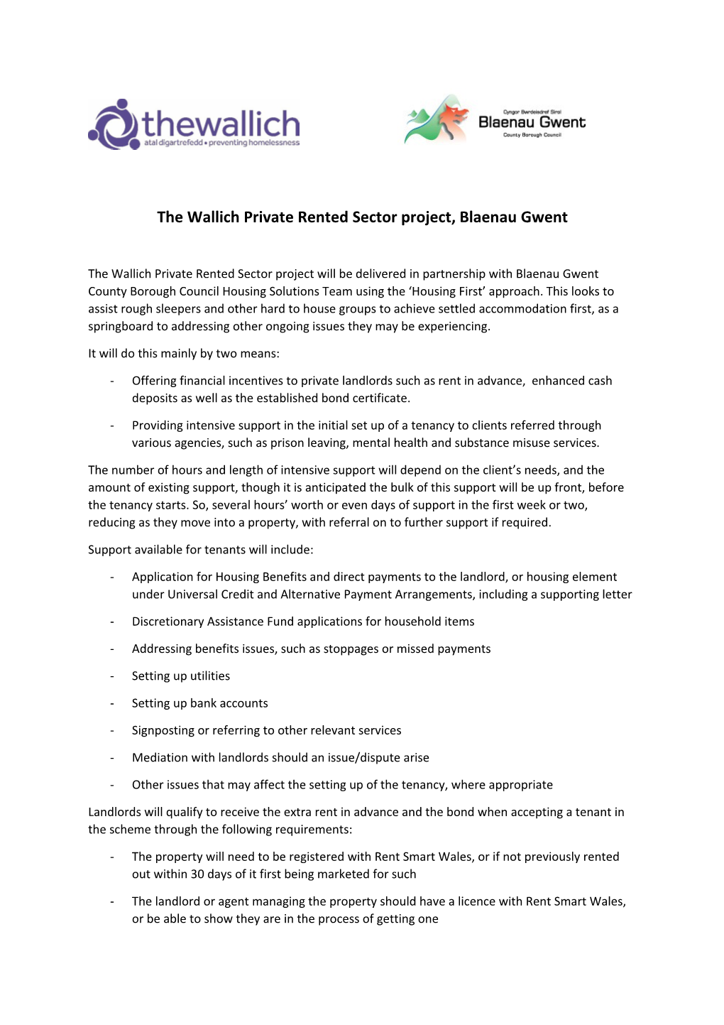 The Wallich Private Rented Sector Project, Blaenau Gwent