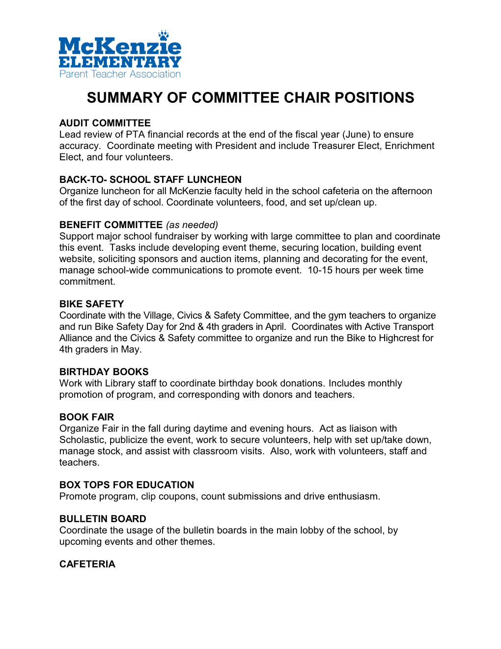 Summary of Committee Chair Positions